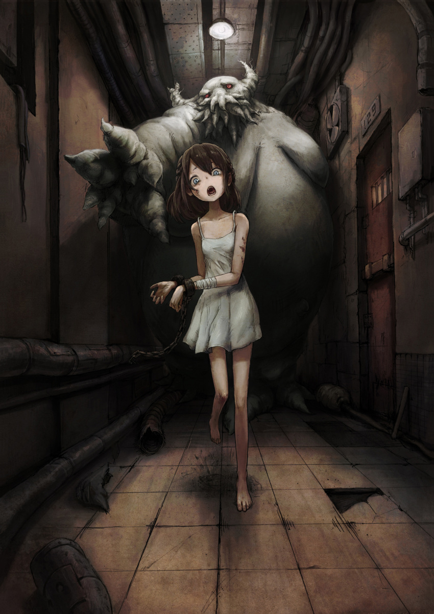 6th_gate bandage bandages bare_shoulders barefoot blue_eyes braid brown_hair chain chains child cuffs dress flat_chest hallway handcuffs highres long_hair monster open_mouth original running short_dress skinny skirt solo sundress toi_(number8) white_dress young