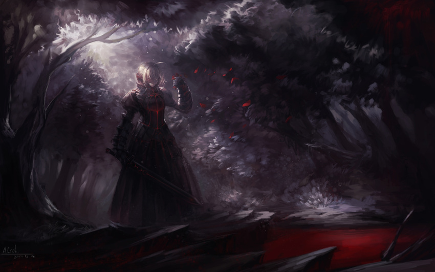 ahoge alcd armor armored_dress blonde_hair dark_excalibur dated dress fate/stay_night fate/unlimited_codes fate_(series) forest gauntlets highres leaf nature petals saber saber_alter signature solo sword weapon yellow_eyes
