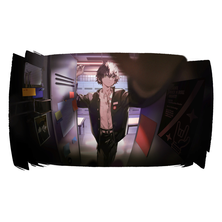 1boy artist_request belt bench black_hair black_jacket black_pants blurry blurry_foreground check_artist cowboy_shot game_cg girls'_frontline_neural_cloud girls_frontline highres indoors jacket lin+ locker locker_room looking_at_viewer official_art open_clothes open_jacket pants partially_unbuttoned shirt solo sticky_note sueyoi_(neural_cloud) third-party_source white_belt white_shirt