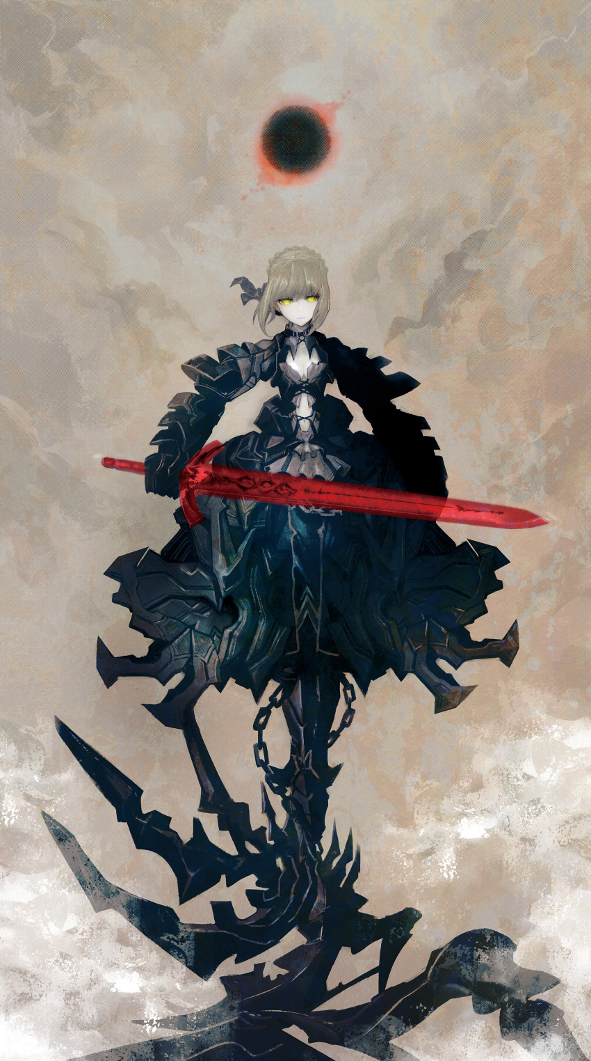 absurdres armor armored_dress blonde_hair dress fate/stay_night fate_(series) highres huke saber saber_alter short_hair solo sword weapon yellow_eyes