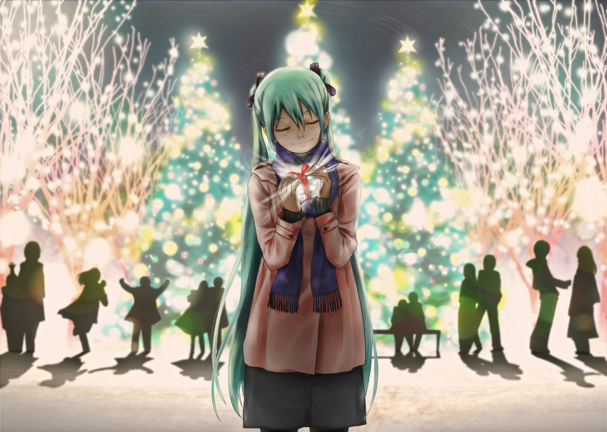 christmas christmas_tree closed_eyes eyes_closed gift green_hair hatsune_miku highres lights long_hair museum2088_(shentian) pantyhose scarf solo very_long_hair vocaloid