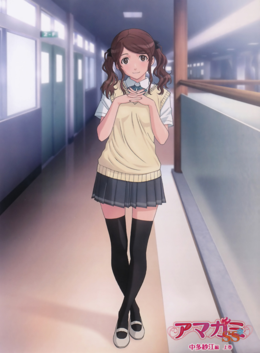 1girl absurdres amagami black_legwear black_thighhighs brown_eyes brown_hair cardigan_vest closed_mouth cover crossed_legs_(standing) dvd_cover female full_body grey_skirt hands_clasped hands_together highres indoors legs long_hair looking_at_viewer nakata_sae official_art own_hands_clasped own_hands_together pleated_skirt school school_uniform shoes short_sleeves skirt solo standing sweater_vest thigh-highs thighhighs tied_hair twintails uwabaki vest zettai_ryouiki