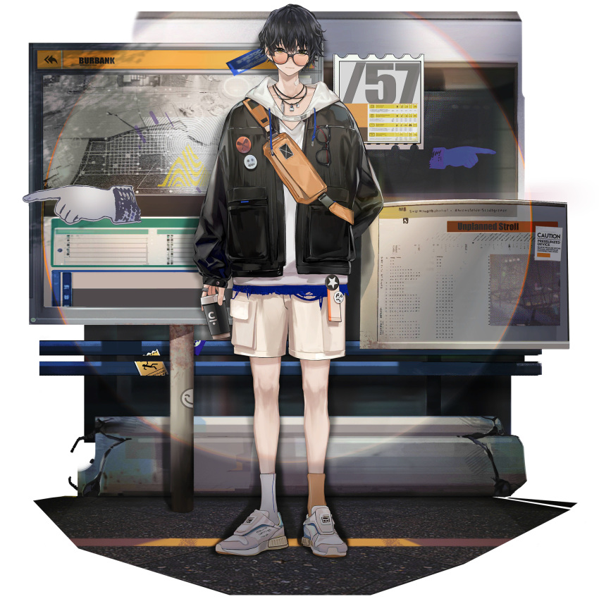 1boy bag black_hair black_jacket caution cup disposable_cup faux_figurine full_body game_cg girls'_frontline_neural_cloud girls_frontline highres holding holding_cup jacket lin+ looking_at_viewer official_alternate_costume official_art shoes shorts shoulder_bag sign standing sueyoi_(neural_cloud) third-party_source tinted_eyewear transparent_background v-neck white_shoes white_shorts