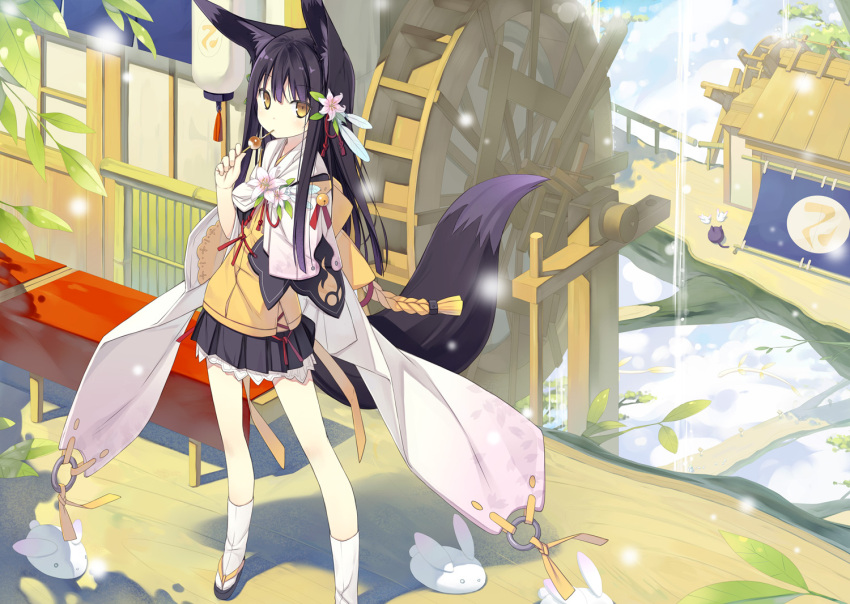 bare_legs black_hair dango eating flower food hair_flower hair_ornament japanese_clothes kuromitsu_nene long_hair looking_at_viewer original petticoat poko sandals skirt solo standing tabi tail wagashi water_wheel yellow_eyes