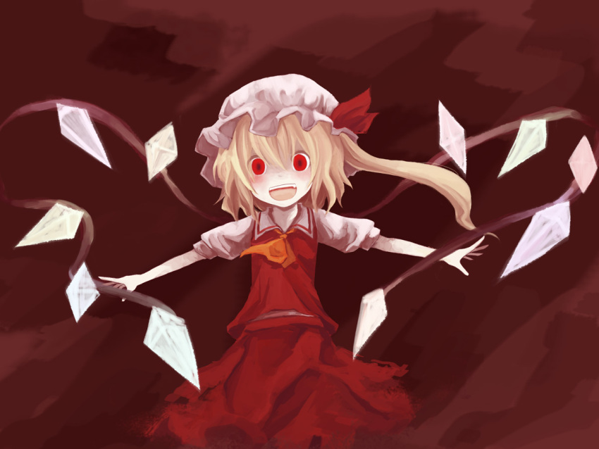 ascot blonde_hair crazy_eyes flandre_scarlet hat mugi_(banban53) open_mouth outstretched_arms red red_eyes short_sleeves side_ponytail skirt solo spread_arms the_embodiment_of_scarlet_devil touhou wings