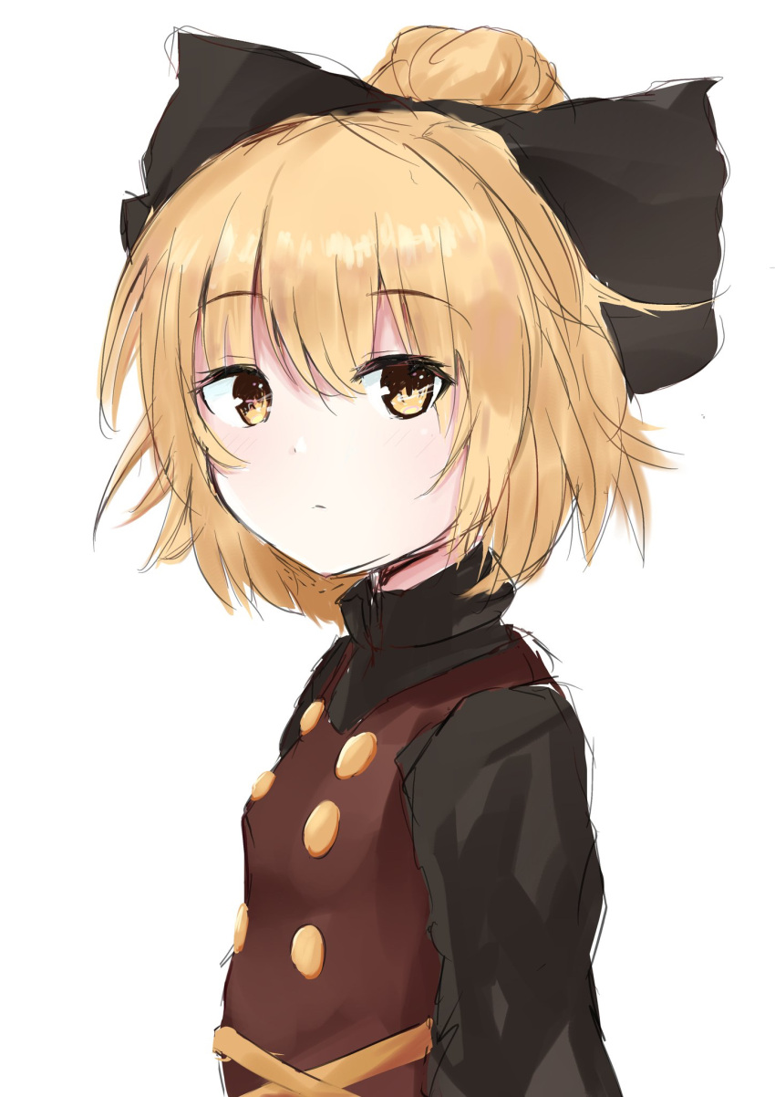 1girl artist_request bangs blonde_hair breasts brown_dress buttons dress expressionless eyebrows_visible_through_hair half_updo highres kurodani_yamame looking_at_viewer short_hair simple_background small_breasts solo touhou upper_body white_background yellow_eyes