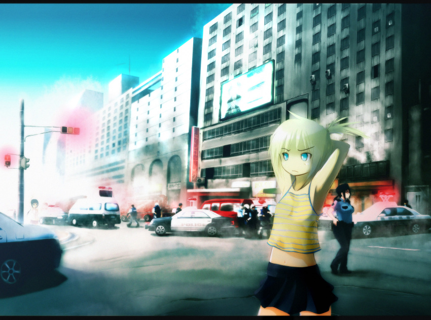 blonde_hair blue_eyes building car cityscape commentary fire foxhound highres letterboxed motor_vehicle multiple_girls navel onibi_(foxhound4185) original police police_car police_uniform policewoman smoke traffic_light uniform vehicle waving
