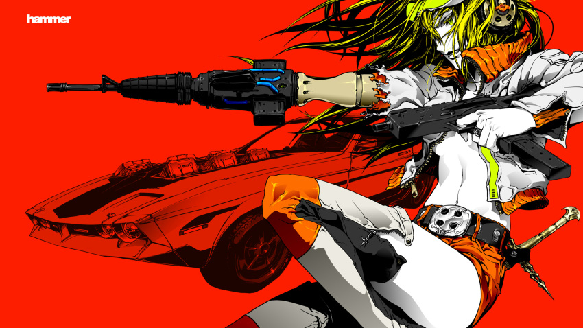 breasts car cover green_hair gun highres motor_vehicle nagimiso navel no_bra open_clothes open_jacket original prosthesis red sideboob simple_background solo sword thighhighs unzipped vehicle wallpaper weapon