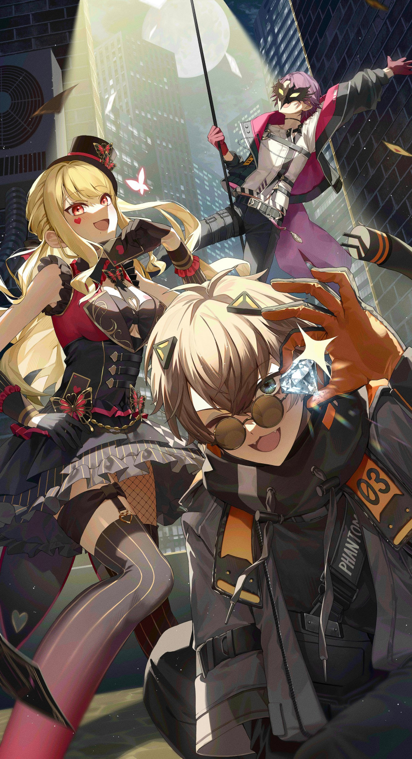 1girl 2boys :d ;d absurdres alban_knox alban_knox_(1st_costume) antenna_hair arm_up belt black_belt black_choker black_gloves black_hat black_hoodie black_jacket black_mask black_necktie black_pants black_skirt black_thighhighs blonde_hair breasts brooch brown-tinted_eyewear brown_hair bug building butterfly butterfly_brooch butterfly_hat_ornament card chain chest_harness choker city coat collared_shirt commentary condenser_unit crossed_bangs diamond_(gemstone) drawstring english_commentary eye_mask eyelashes facial_mark fangs fishnets frilled_shirt frilled_shirt_collar frilled_skirt frills full_moon gem glasses gloves glowing_butterfly gradient_thighhighs grey_coat grey_eyes hair_between_eyes hand_on_own_hip hand_up harness hat hat_ornament heart heart_facial_mark high-waist_skirt highres holding holding_card holding_gem hood hood_down hoodie jacket jewelry large_breasts light_particles long_hair long_sleeves looking_at_viewer luis_cammy luis_cammy_(7th_costume) mask mini_hat mini_top_hat mole mole_under_mouth moon multiple_boys necktie night night_sky nijisanji nijisanji_en o-ring o-ring_harness off_shoulder one_eye_closed open_clothes open_coat open_jacket open_mouth orange_gloves outdoors pants parted_bangs playing_card puffy_long_sleeves puffy_sleeves purple_hair red_eyes red_gloves red_shirt red_thighhighs reg_(regulus_iii) round_eyewear shirt short_hair short_necktie sidelocks sitting skirt sky skyscraper sleeveless sleeveless_shirt smile sparkle spotlight standing thigh-highs thigh_strap tinted_eyewear top_hat two-sided_fabric two-sided_jacket two-tone_gloves virtual_youtuber watarai_hibari watarai_hibari_(1st_costume) white_shirt