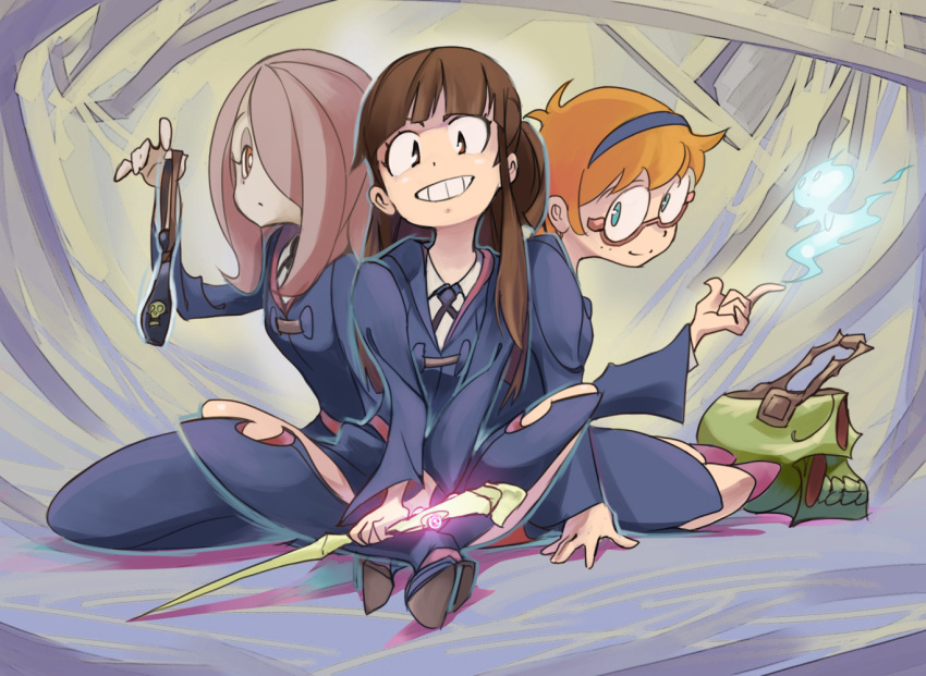 3girls akko_kagari brown_hair glasses grin hair_over_one_eye hairband little_witch_academia lotte_yanson multiple_girls orange_hair simonori sitting smile sucy_manbabalan wand