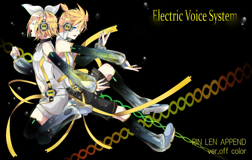 arm_warmers blonde_hair brother_and_sister closed_eyes detached_sleeves eyes_closed hair_ornament hair_ribbon hairclip headphones highres kagamine_len kagamine_len_(append) kagamine_rin kagamine_rin_(append) leg_warmers navel open_mouth ribbon short_hair shorts siblings singing twins vocaloid vocaloid_append yui_(kawalcjil4)