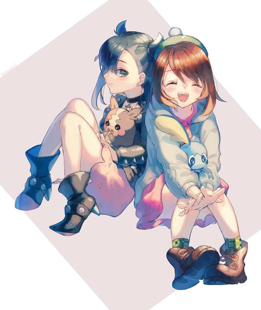 2girls :d ankle_boots black_choker black_footwear black_hair black_jacket black_nails bob_cut boots brown_footwear brown_hair cardigan choker collared_dress commentary dress earrings gloria_(pokemon) green_eyes green_headwear green_legwear grey_cardigan hat highres jacket jewelry marnie_(pokemon) morpeko morpeko_(full) multiple_girls nail_polish namiri open_mouth pink_dress plaid plaid_legwear pokemon pokemon_(game) pokemon_swsh short_hair smile sobble socks stretch tam_o'_shanter teeth tongue