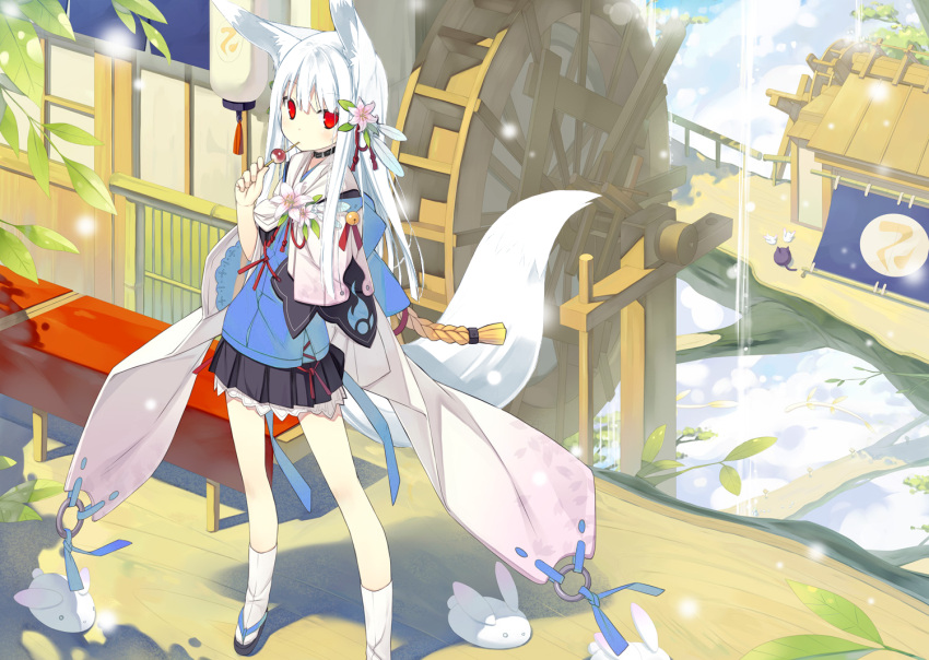 animal_ears collar flower flowers food foxgirl japanese_clothes original photoshop poco red_eyes tail white_hair