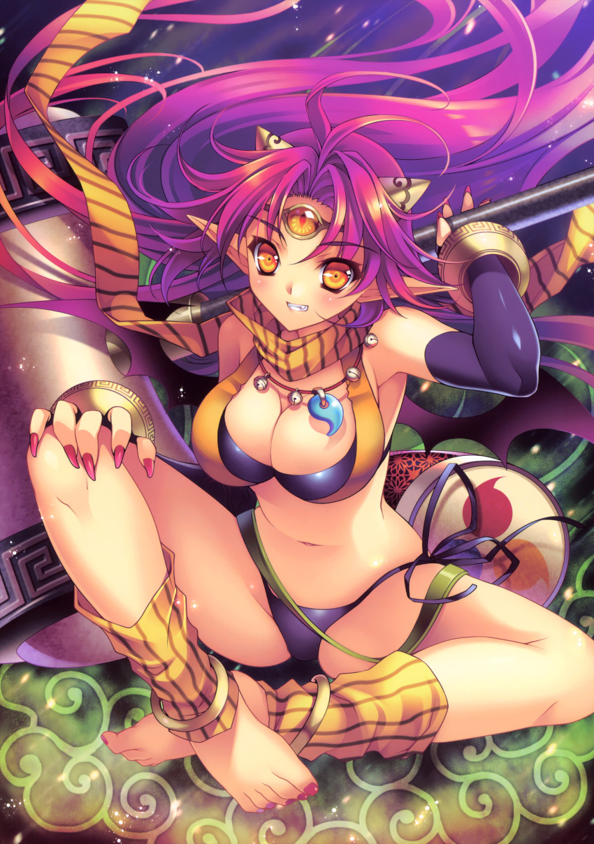 anklet barefoot breasts cleavage copyright_request fang feet grin highres indian_style jewelry large_breasts leg_up legs long_hair long_legs nail_polish necklace oni pink_hair pointy_ears riv scarf sitting smile solo spread_legs striped striped_scarf thighs third_eye toenail_polish yellow_eyes
