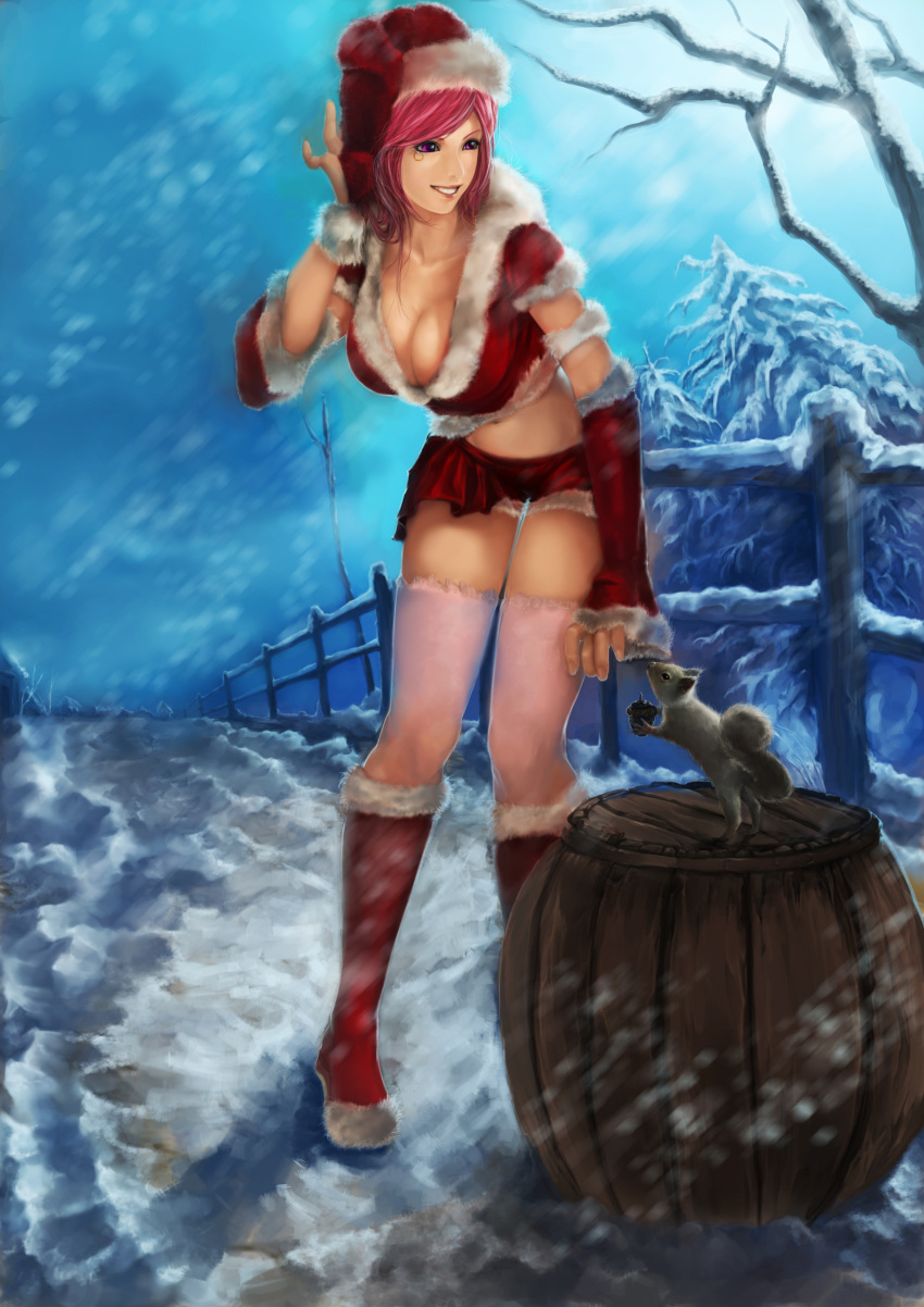 acorn animal barrel boots breasts christmas cleavage crop_top down_blouse elbow_gloves gloves grin hat highres jakuroi jewelry_bonney jewelry_bonnie knee_boots midriff navel one_piece pink_hair purple_eyes santa_boots santa_costume santa_hat short_shorts shorts smile snow solo squirrel thigh-highs thighhighs tree violet_eyes