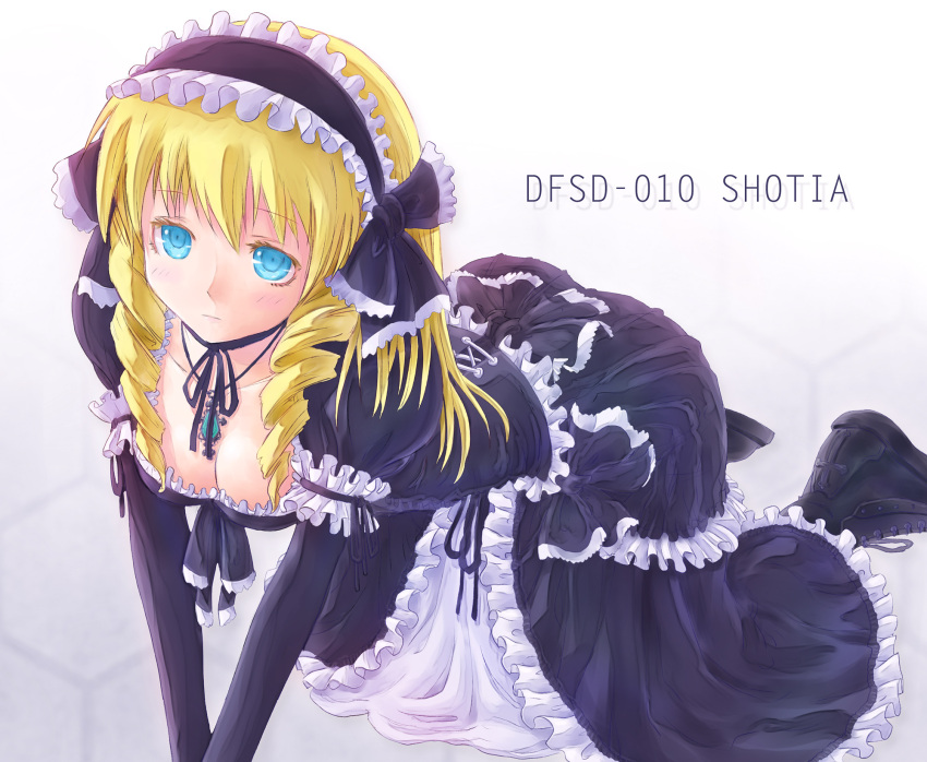 966 all_fours blonde_hair blue_eyes breasts cave_(developer) character_name cleavage dodonpachi dodonpachi_daioujou hairband highres jewelry pendant shotia solo