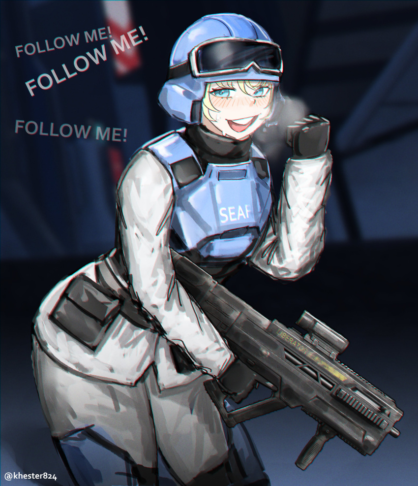1girl absurdres ammunition_pouch armor artist_name assault_rifle belt black_gloves blue_eyes bulletproof_vest bullpup gloves goggles goggles_on_headwear gun helldivers_(series) highres khester824 looking_at_viewer military_uniform pouch rifle salute scope seaf_soldier_(helldivers) smile solo super_earth_salute_(helldivers) sweat trigger_discipline weapon