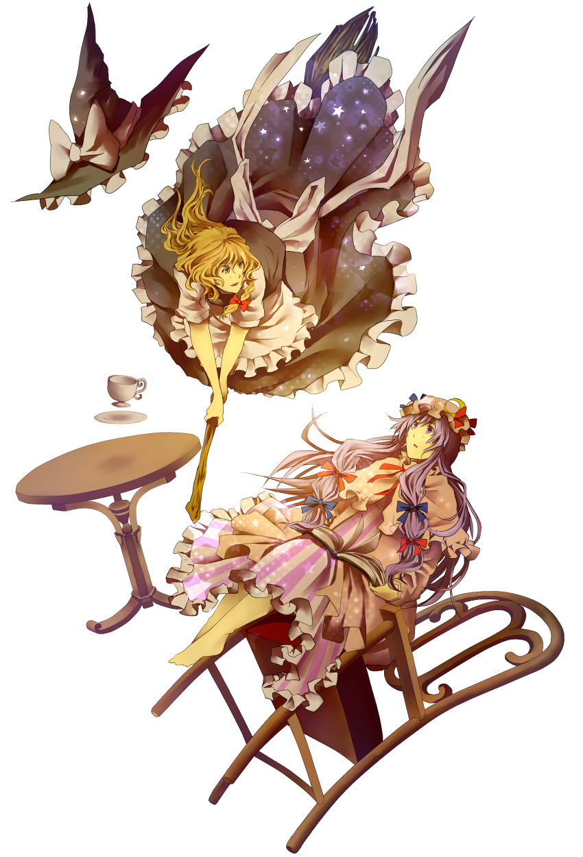 2girls barefoot blonde_hair broom broom_riding chair cup eye_contact falling hat hat_removed headwear_removed highres kirisame_marisa long_hair looking_at_another patchouli_knowledge purple_eyes purple_hair saucer simple_background sitting table teacup touhou vitaminlemon witch_hat yellow_eyes