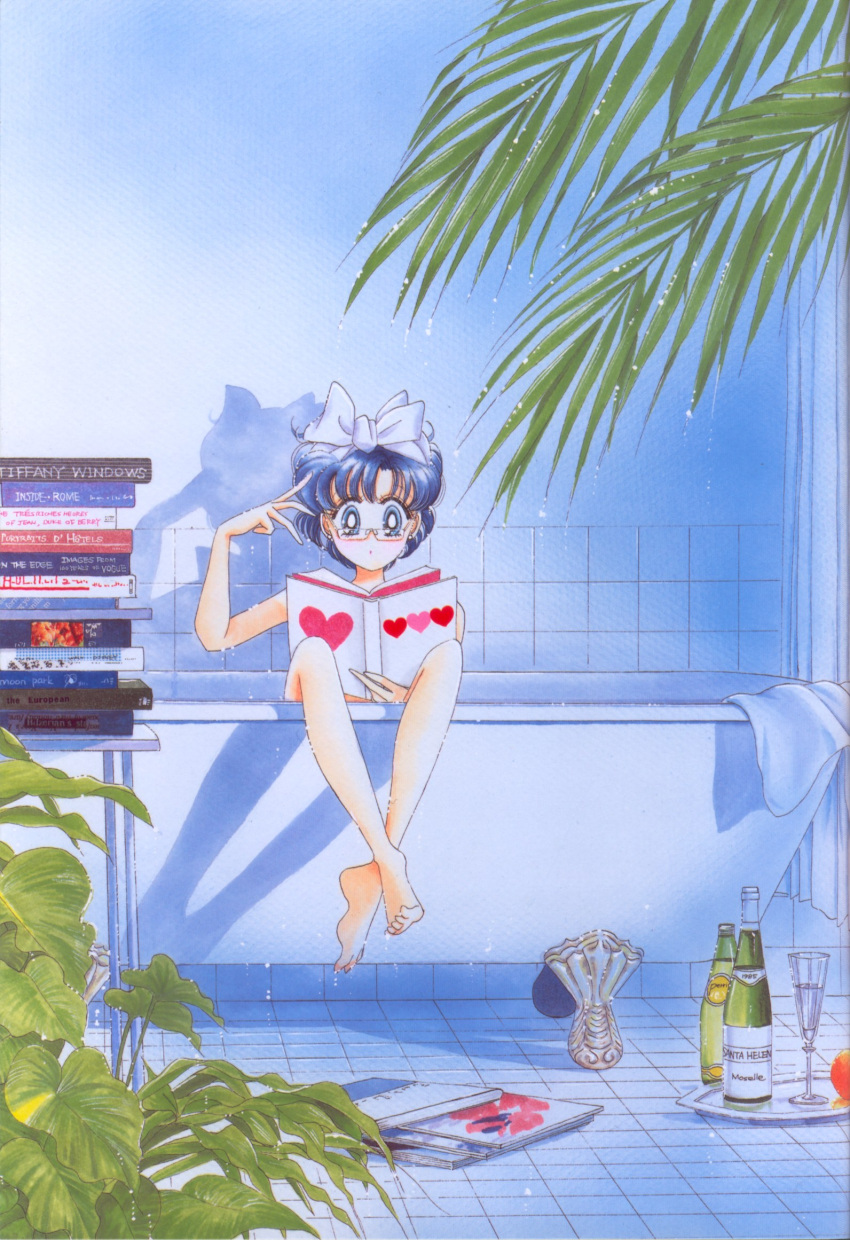 bathroom bathtub bishoujo_senshi_sailor_moon blue_hair book glasses headband mizuno_ami nude official_art reading short_hair takeuchi_naoko wine