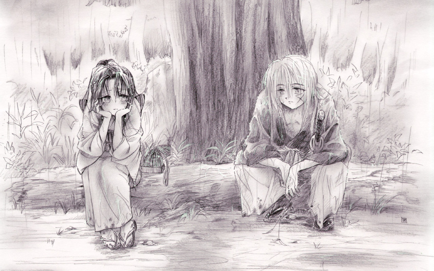 1girl blush chin_rest couple forest frest himura_kenshin japanese_clothes kamiya_kaoru katana kimono monochrome nature rain rurouni_kenshin sad scar sitting sword tree weapon yamaguchi_shinji