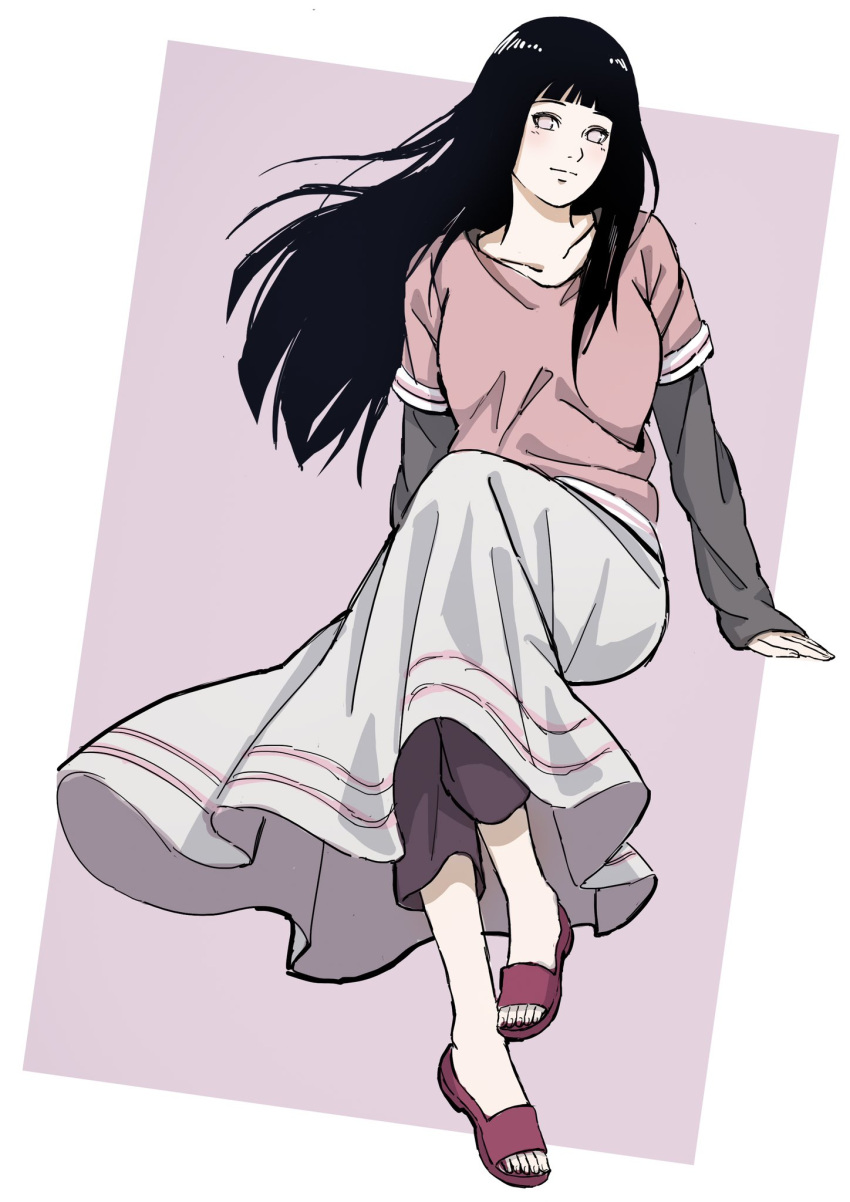 1girl black_hair blunt_bangs closed_mouth full_body highres hyuuga_hinata long_hair long_sleeves looking_at_viewer naruto:_the_last naruto_(series) no_pupils pants pants_under_skirt pink_shirt purple_sandals sandals shirt skirt solo weibinln white_skirt