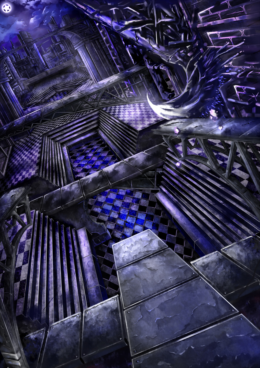 black_rock_shooter checkered cloud clouds dutch_angle highres night night_sky no_humans scenery sky stairs star sukya