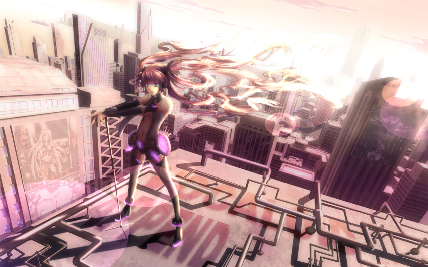 aqua_eyes backlighting bad_id boots bridal_gauntlets city cityscape hatsune_miku hatsune_miku_(append) highres kagamine_len kagamine_rin langjiao long_hair megurine_luka miku_append navel necktie pink_hair rooftop solo thigh-highs thigh_boots thighhighs twintails very_long_hair vocaloid vocaloid_append