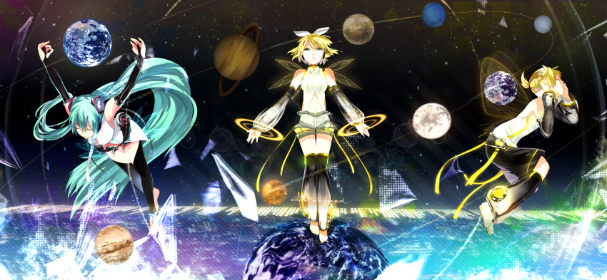 aqua_hair arm_warmers bad_id barefoot blonde_hair butterfly_wings closed_eyes detached_sleeves earth elbow_gloves eyes_closed fairy_wings fingerless_gloves gloves hair_ornament hair_ribbon hairclip hatsune_miku hatsune_miku_(append) headphones highres kagamine_len kagamine_len_(append) kagamine_rin kagamine_rin_(append) leg_warmers long_hair miku_append navel necktie planet ribbon short_hair shorts siblings space thigh-highs thighhighs toeless_socks twins twintails ume_(plumblossom) very_long_hair vocaloid vocaloid_append wings