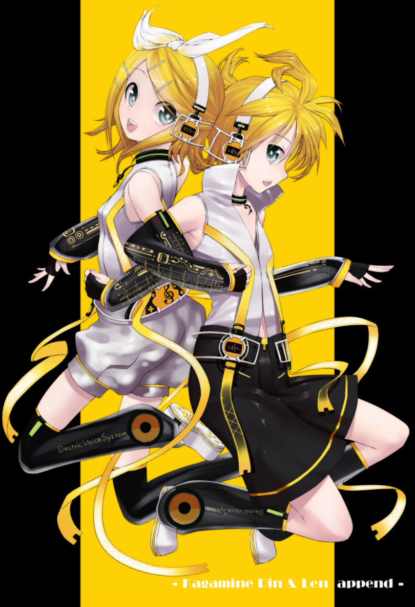 blue_eyes brother_and_sister detached_sleeves fingerless_gloves gloves hair_ornament hair_ribbon hairclip headphones highres kagamine_len kagamine_len_(append) kagamine_rin kagamine_rin_(append) leg_warmers navel ribbon sentoiro short_hair shorts siblings smile twins vocaloid vocaloid_append
