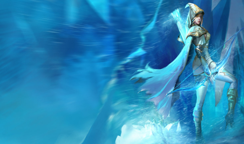 akizhao ashe(league_of_legends) ashe_(league_of_legends) boots bow bow_(weapon) cape hood ice league_of_legends official_art snow solo thighhighs weapon white_legwear