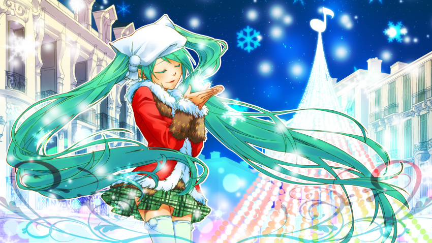 absurdres closed_eyes eyes_closed green_hair hat hatsune_miku highres junji long_hair night skirt snow solo thigh-highs thighhighs twintails very_long_hair vocaloid