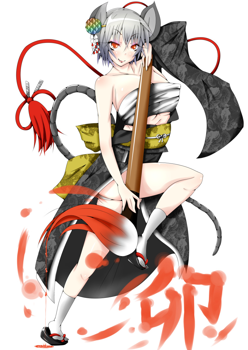 absurdres alternate_costume animal_ears breasts clog_sandals grey_hair hair_ornament highres himeno_mikan himenomikan japanese_clothes kanzashi kimono large_breasts mouse_ears mouse_tail nazrin off_shoulder paintbrush panties red_eyes sarashi short_hair simple_background smile solo tabi tail touhou underwear