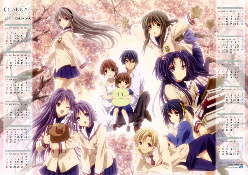 absurdres book botan calendar clannad dango_daikazoku everyone fujibayashi_kyou fujibayashi_ryou furukawa_nagisa hair_bobbles hair_ornament hair_ribbon highres huge_filesize ibuki_fuuko ichinose_kotomi ikeda_kazumi okazaki_tomoya okazaki_ushio pantyhose ribbon sakagami_tomoyo school_uniform siblings sisters starfish sunohara_mei sunohara_youhei twins twintails two_side_up