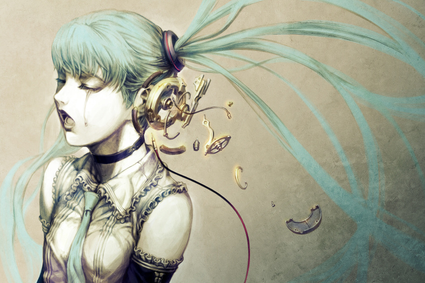 aqua_hair closed_eyes detached_sleeves eyes_closed hatsune_miku headphones highres nagimiso necktie open_mouth solo tears twintails vocaloid