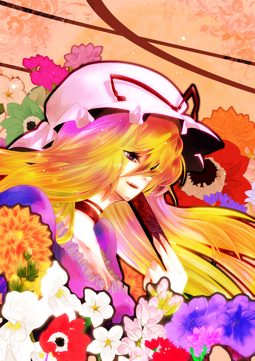 anemone_(flower) bad_id blonde_hair dahlia fan flower folding_fan gloves hat highres iketa long_hair multicolored_hair purple_eyes solo touhou violet_eyes yakumo_yukari