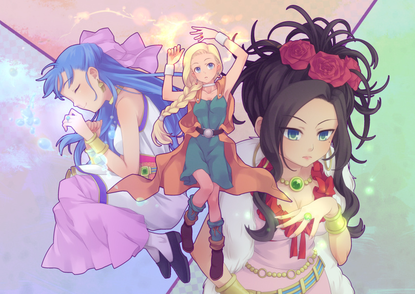 black_hair blonde_hair blue_eyes blue_hair boots bow bracelet braid breasts cape choker cleavage closed_eyes deborah dragon_quest dragon_quest_v dress earrings eyes_closed fire flora flower green_eyes hair_bow hair_flower hair_ornament hair_over_shoulder highres jewelry long_hair magic necklace red_rose ring rose sanndo single_braid water