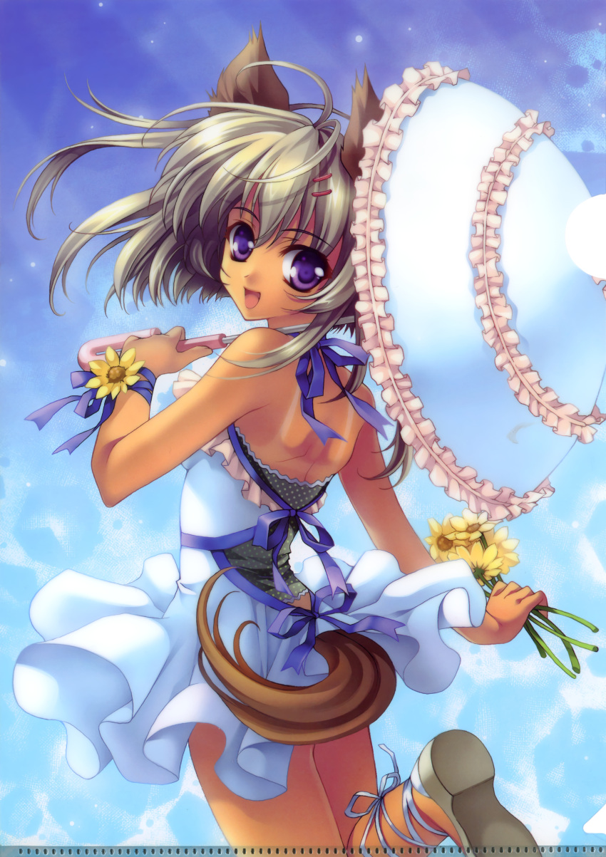 animal_ears ankle_lace-up arm_ribbon blonde_hair copyright_request cross-laced_footwear flower frills highres looking_back parasol ribbon riv solo tail tan tanline umbrella wrist_ribbon