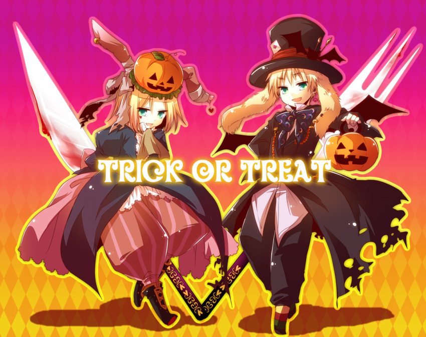 2boys absurdres androgynous animal_ears aplerichi argyle argyle_background axis_powers_hetalia bad_id bandage bandages bat card england_(hetalia) fork formal gradient gradient_background halloween highres jack-o'-lantern knife lace male multiple_boys open_mouth poland_(hetalia) pumpkin pumpkin_hat purple_background scarf smile trick_or_treat united_kingdom_(hetalia) yellow_background