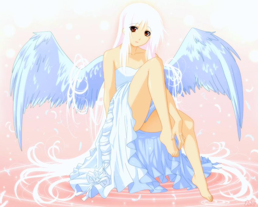 angel bare_feet dress long_hair misato_chan original red_eyes white_hair wings