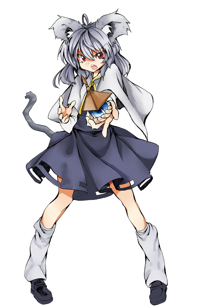 &gt;:o animal_ears capelet grey_hair highres jeweled_pagoda jewelry loafers loose_socks mouse_ears mouse_tail nazrin pendant red_eyes shigurio shoes silver_hair socks solo standing tail touhou transparent_background