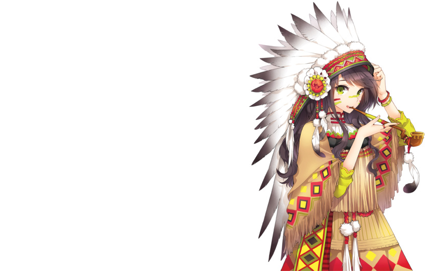 black_hair brown_hair dress face_paint facial_markings feather feathers female fringe green_eyes headdress long_hair nardack native_american native_american_clothes original pipe simple_background solo squaw standing wallpaper white white_background
