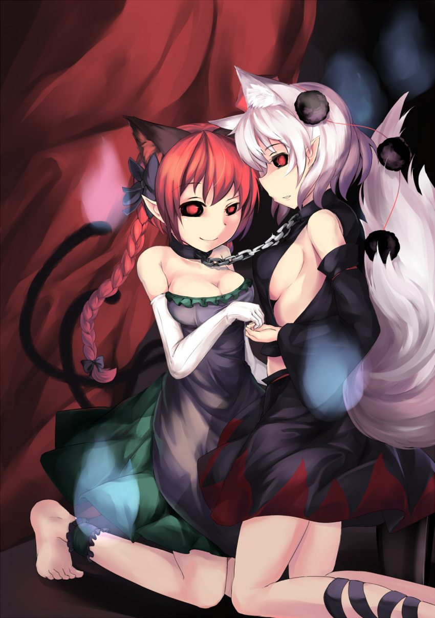 2girls animal_ears anklet bare_shoulders black_sclera bow braid breasts cat_ears cat_tail chain collar detached_sleeves elbow_gloves gloves hair_bow hat highres inubashiri_momiji jewelry kaenbyou_rin kneeling long_hair lu_hao_liang multiple_girls multiple_tails pointy_ears red_eyes redhead sideboob skirt smile tail tokin_hat touhou twin_braids white_hair wolf_tail