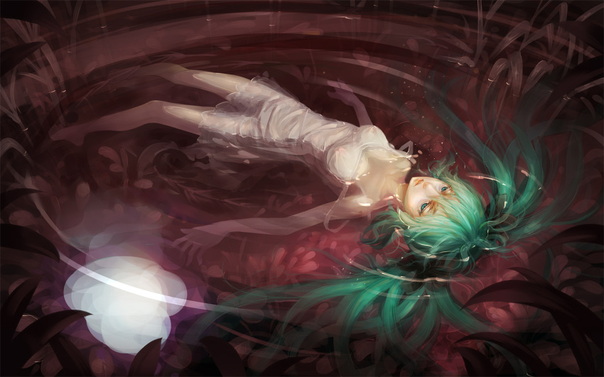 afloat aqua_hair bare_shoulders blue_eyes colored_eyelashes dress expressionless eyelashes face floating green_eyes green_hair hatsune_miku long_hair lying monono solo strap_slip sundress twintails very_long_hair vocaloid water