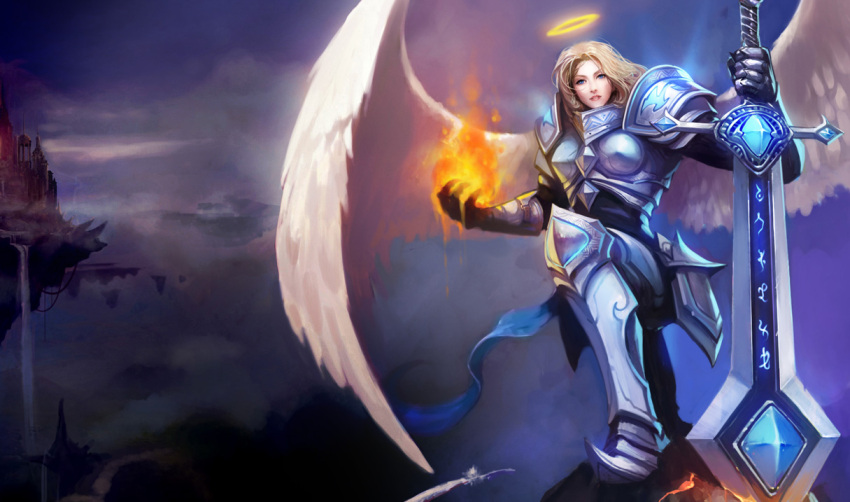 1girl armor female fire halo kayle league_of_legends official_art solo sword weapon