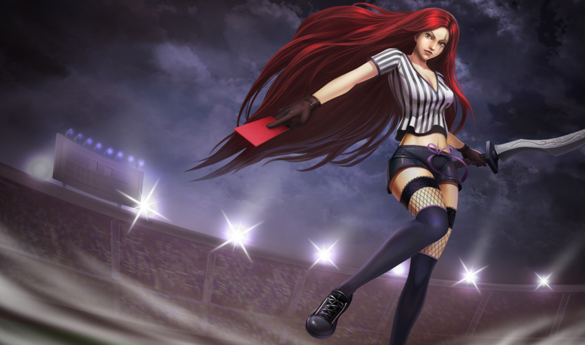 dagger holding holding_card katarina_(league_of_legends) katarina_du_couteau league_of_legends midriff official_art penalty_card red_card red_hair redhead referee soccer thigh-highs thighhighs weapon