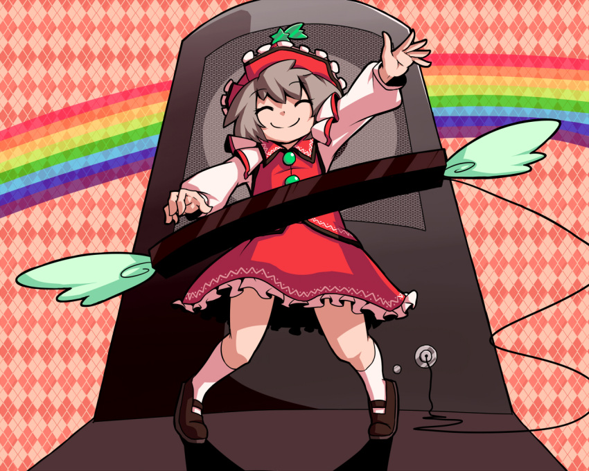 brown_hair closed_eyes epurasu hat instrument keyboard_(instrument) lyrica_prismriver mary_janes rainbow shoes solo speaker touhou wings