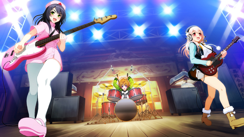 :d antenna_hair arms_up axanael bass_guitar black_hair blush boots breasts cable dress drum drums electric_guitar from_below fujimi_suzu fur_trim game_cg green_eyes guitar hat headphones highres instrument jacket large_breasts legs lights long_hair mary_janes miniskirt multiple_girls nitroplus nurse nurse_cap open_clothes open_jacket open_mouth orange_hair pink_hair purple_eyes red_eyes shoes short_dress short_hair skirt smile sonico soniko speaker stage stage_lights standing super_sonico super_soniko thighhighs tsuji_santa vest watanuki_fuuri white_legwear