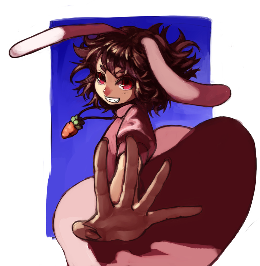 animal_ears bad_id brown_hair bunny_ears carrot clenched_teeth dress foreshortening grin hands highres inaba_tewi kansou_samehada kei_t_sr necklace pink_dress rabbit_ears red_eyes short_hair smile solo touhou