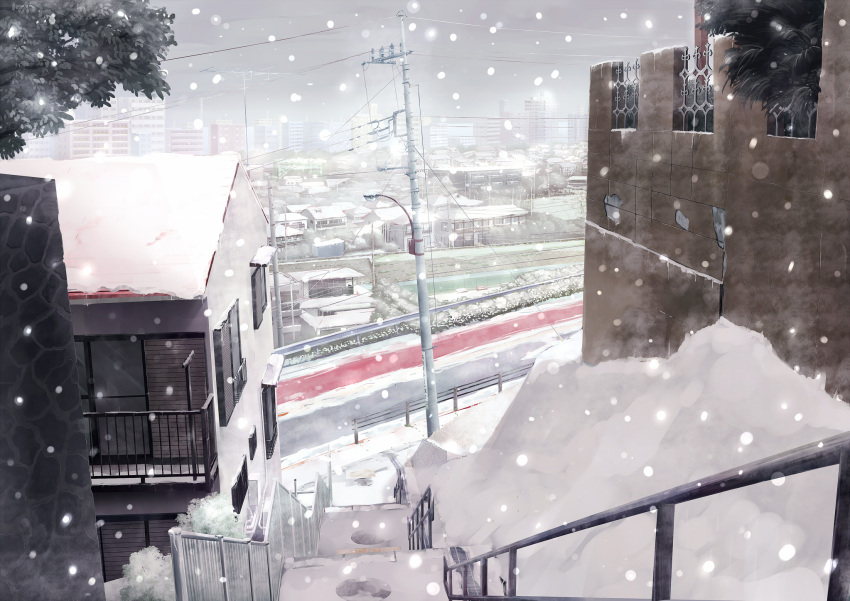 highres kazeno original power_lines real_world_location scenery snow stairs tokyo_(city)