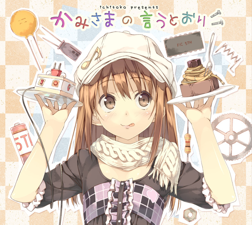 album_cover battery brown_eyes brown_hair bust cable capacitor cd checkered checkered_background computer_chip cover electric_plug fork gears hat kantoku microchip musical_note nut_(hardware) original plaid resistor scarf screw solo tartan tongue wire